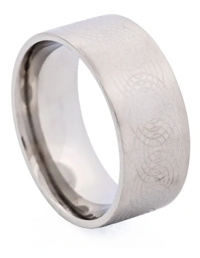 Cudworth Brushed Stainless Steel Ring with Lasered Patten in Silver