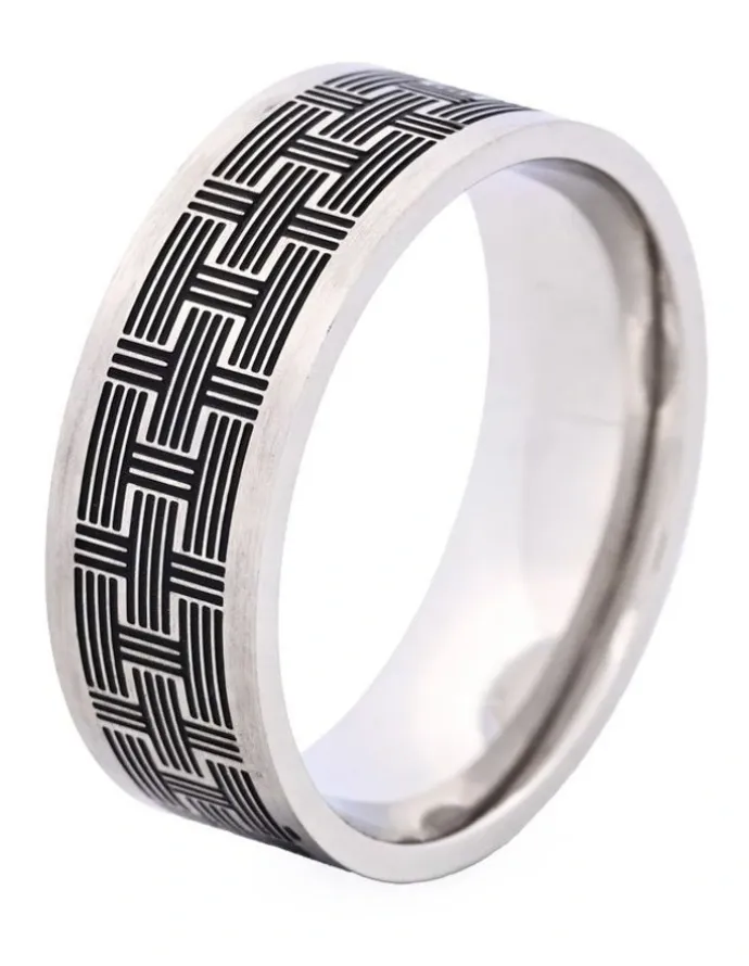 Cudworth Brushed Stainless Steel Ring with enamel Brick Pattern in Black