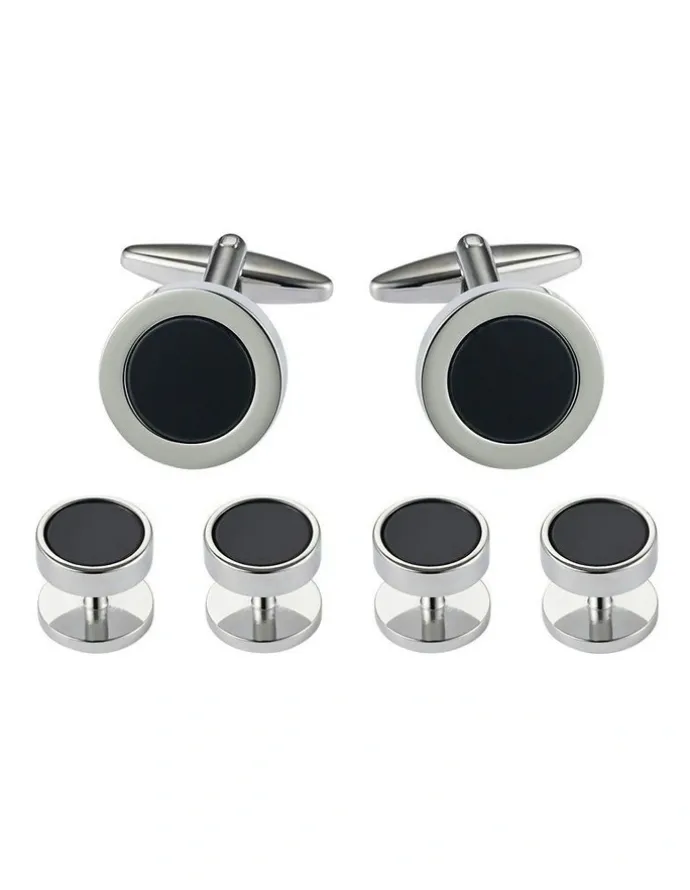 Cudworth Cufflinks & Dress Studs Round Rhodium Plated + Black Inlay (201-21 405-21R) Set of 6 in Black