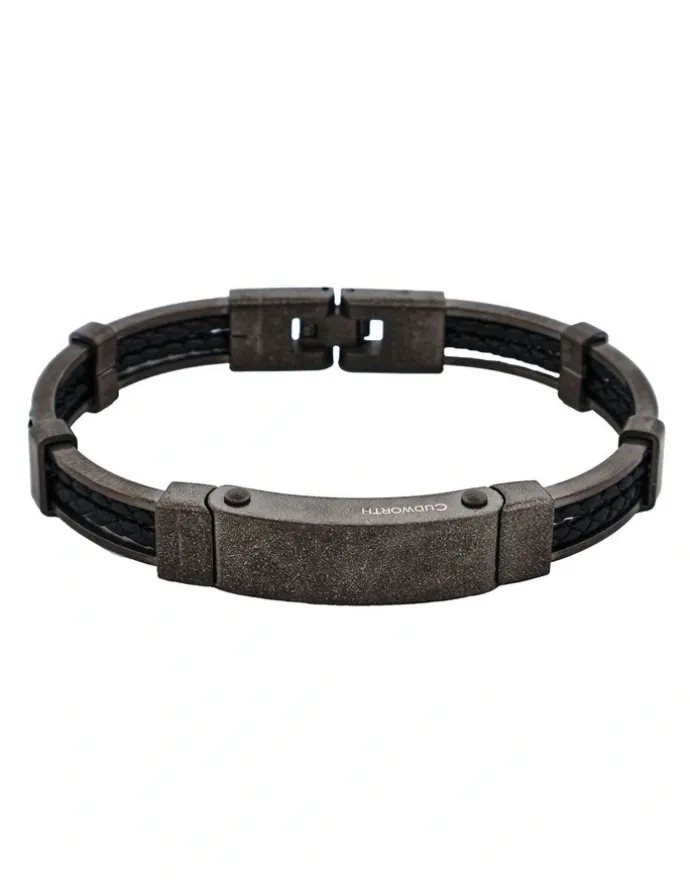 Cudworth Ion Plated Antique Stainless Steel And Black Leather Bracelet in Gunmetal