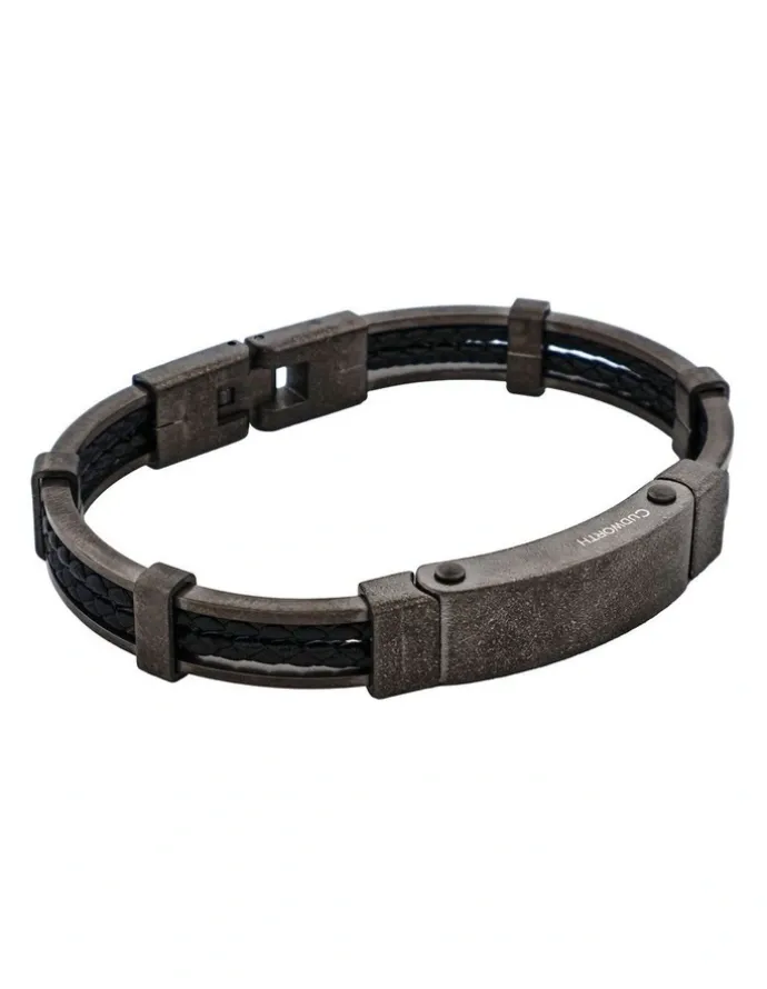 Cudworth Ion Plated Antique Stainless Steel And Black Leather Bracelet in Gunmetal