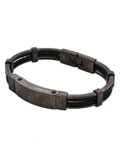 Cudworth Ion Plated Antique Stainless Steel And Black Leather Bracelet in Gunmetal