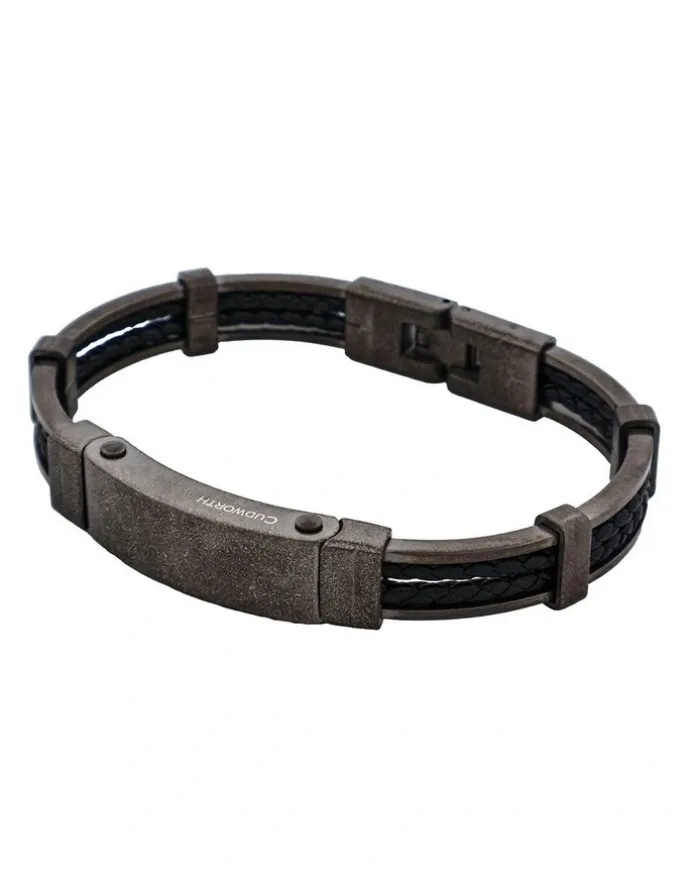 Cudworth Ion Plated Antique Stainless Steel And Black Leather Bracelet in Gunmetal