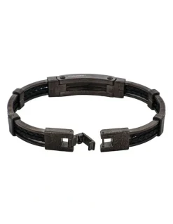 Cudworth Ion Plated Antique Stainless Steel And Black Leather Bracelet in Gunmetal