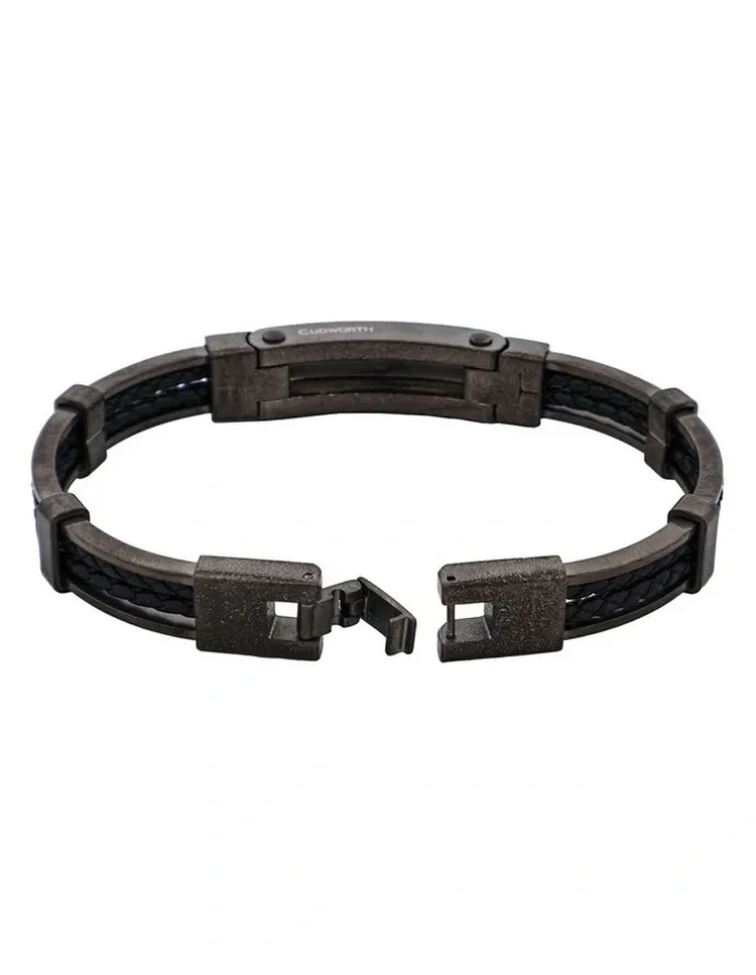 Cudworth Ion Plated Antique Stainless Steel And Black Leather Bracelet in Gunmetal