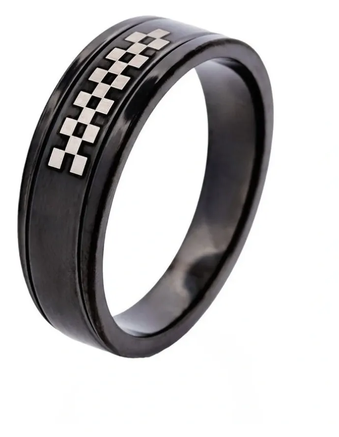 Cudworth Ion Plated Black Stainless Steel Ring with Check Pattern in Black