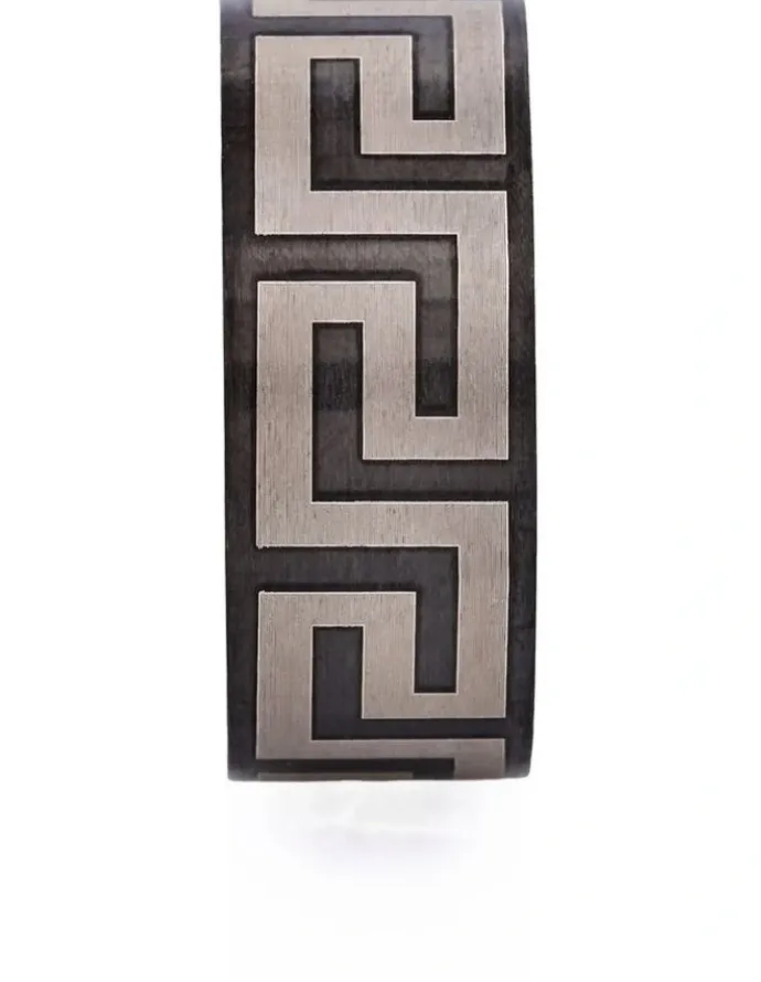 Cudworth Ion Plated Stainless Steel Ring with Frosted Greek Key Pattern in Black