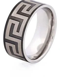 Cudworth Ion Plated Stainless Steel Ring with Frosted Greek Key Pattern in Black