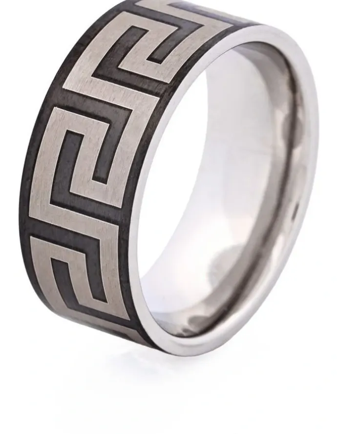 Cudworth Ion Plated Stainless Steel Ring with Frosted Greek Key Pattern in Black