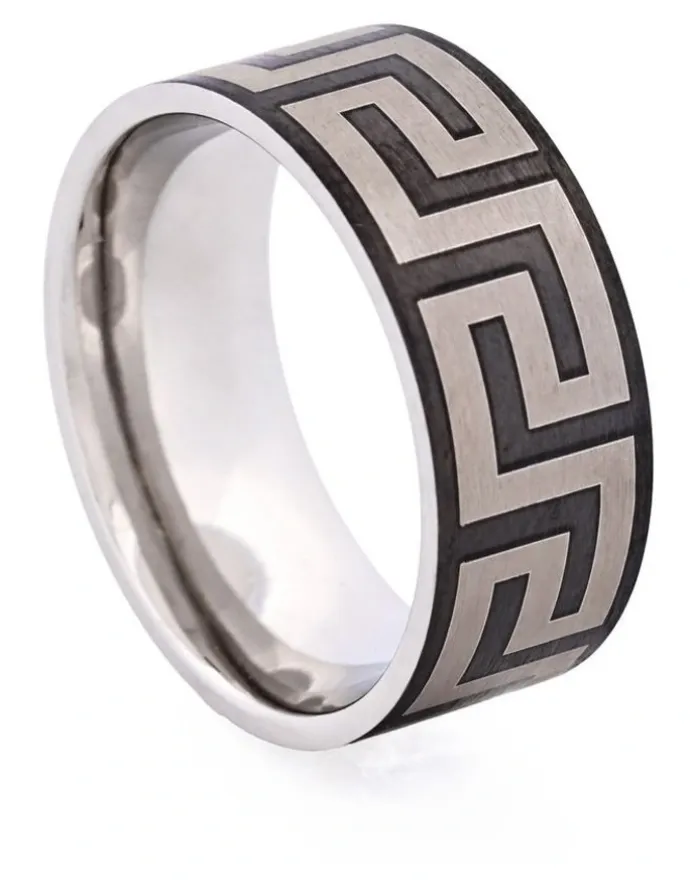 Cudworth Ion Plated Stainless Steel Ring with Frosted Greek Key Pattern in Black