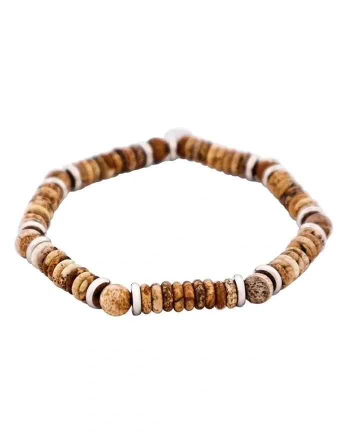 Cudworth Jasper Stone Beaded And Stainless Steel Bracelet in Tan