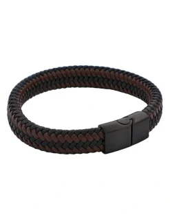 Cudworth Leather Ion Plated Black Steel Bracelet in Black/Brown