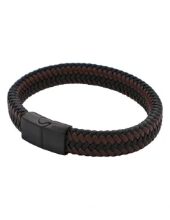 Cudworth Leather Ion Plated Black Steel Bracelet in Black/Brown