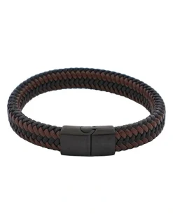 Cudworth Leather Ion Plated Black Steel Bracelet in Black/Brown
