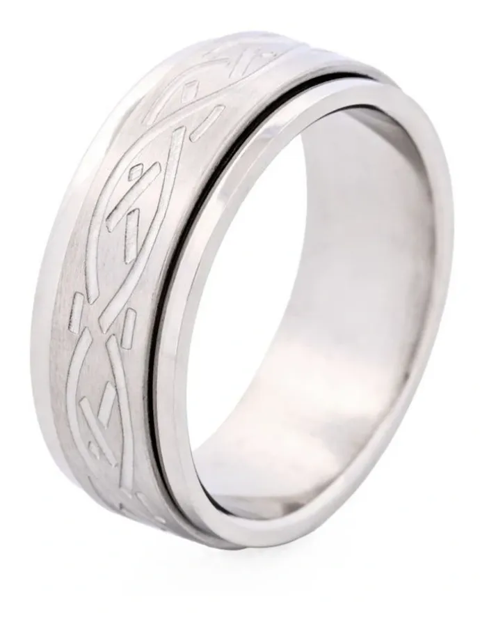 Cudworth Polished and Brushed Stainless Steel Spinner Ring with Etched Centre Pattern in Silver
