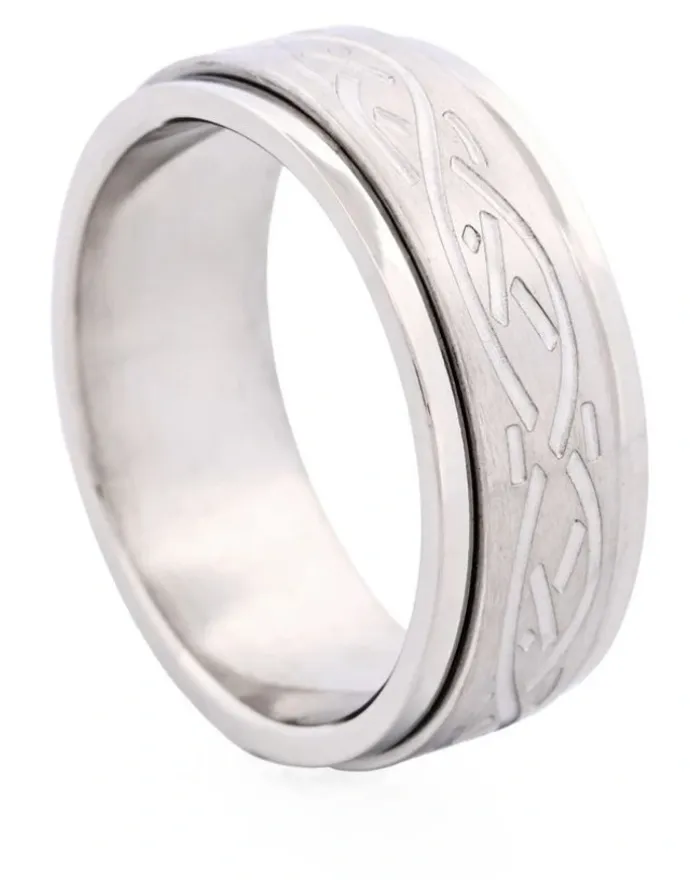 Cudworth Polished and Brushed Stainless Steel Spinner Ring with Etched Centre Pattern in Silver