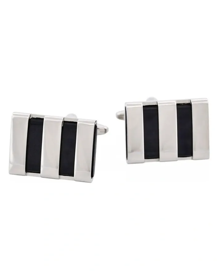 Cudworth Polished Rhodium Plated Striped Onyx Cufflinks
