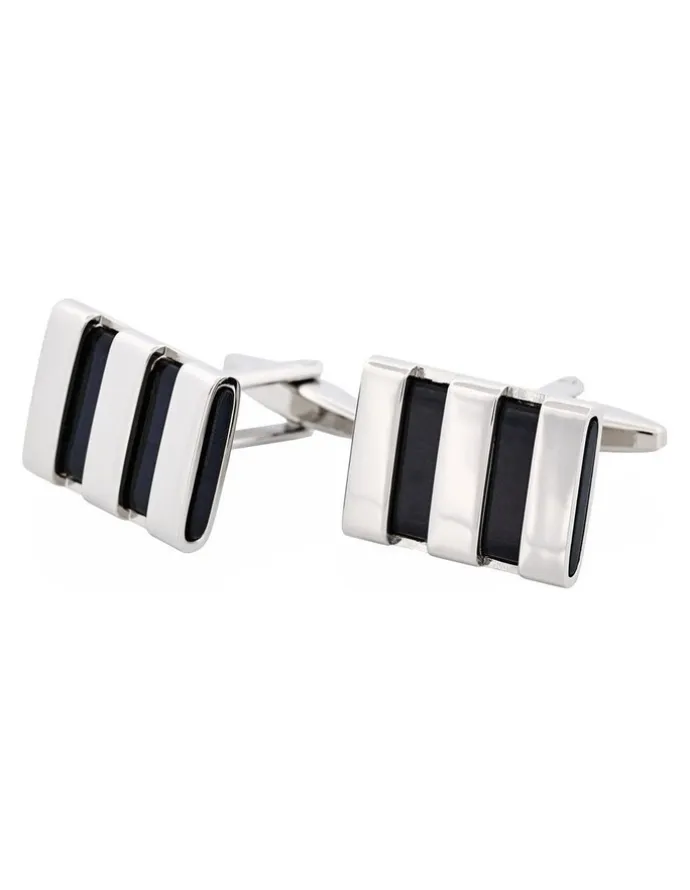 Cudworth Polished Rhodium Plated Striped Onyx Cufflinks