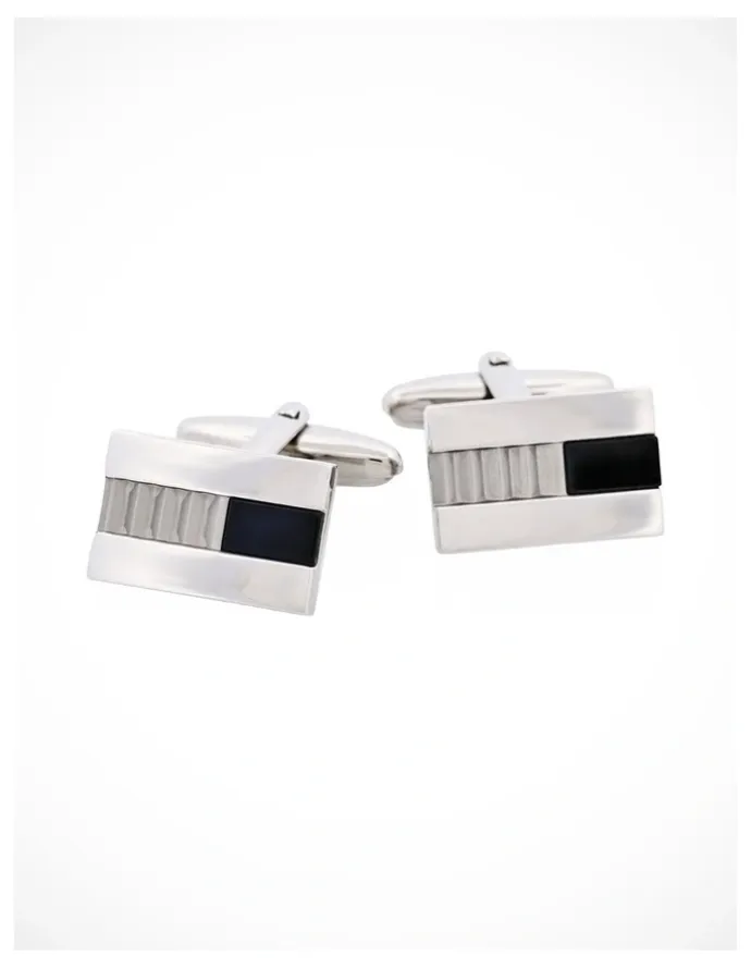 Cudworth Polished Rhodium Plated Onyx with Corrugated Pattern Rectangle Cufflinks in Multi