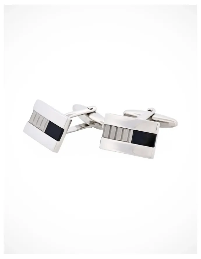 Cudworth Polished Rhodium Plated Onyx with Corrugated Pattern Rectangle Cufflinks in Multi