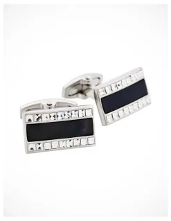 Cudworth Polished Rhodium with Onyx & Crystal Rectangle Cufflinks in Black