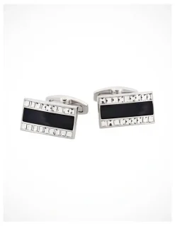 Cudworth Polished Rhodium with Onyx & Crystal Rectangle Cufflinks in Black