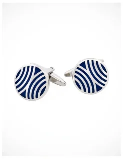Cudworth Polished Rhodium Plated Radio Wave Pattern Enamel Round Cufflinks in Navy