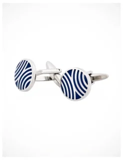 Cudworth Polished Rhodium Plated Radio Wave Pattern Enamel Round Cufflinks in Navy