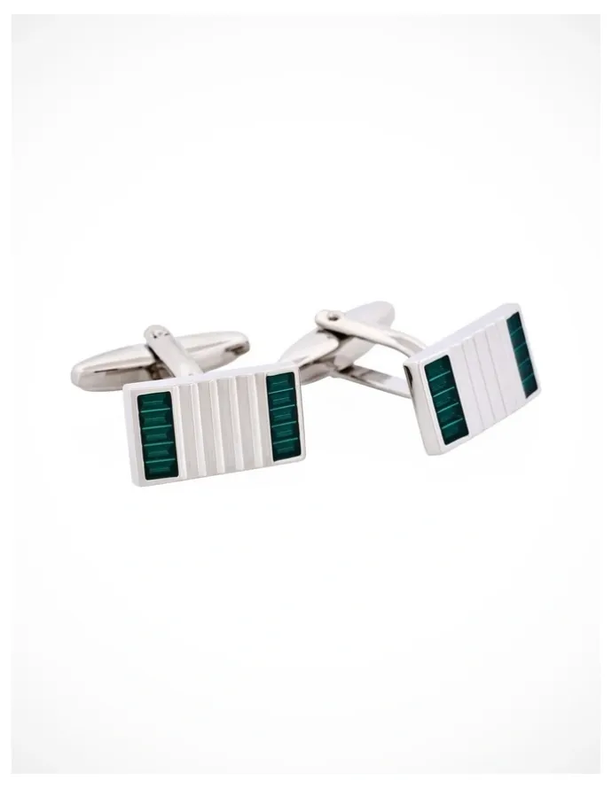 Cudworth Polished Rhodium Plated Ribbed Rectangle Cufflinks with Enamel Inlays in Teal