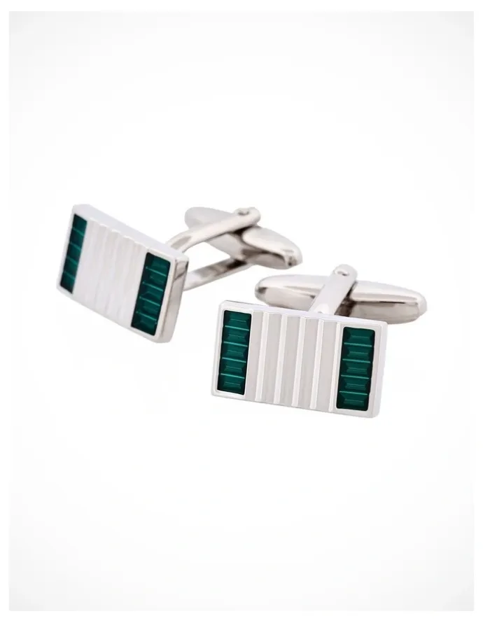 Cudworth Polished Rhodium Plated Ribbed Rectangle Cufflinks with Enamel Inlays in Teal