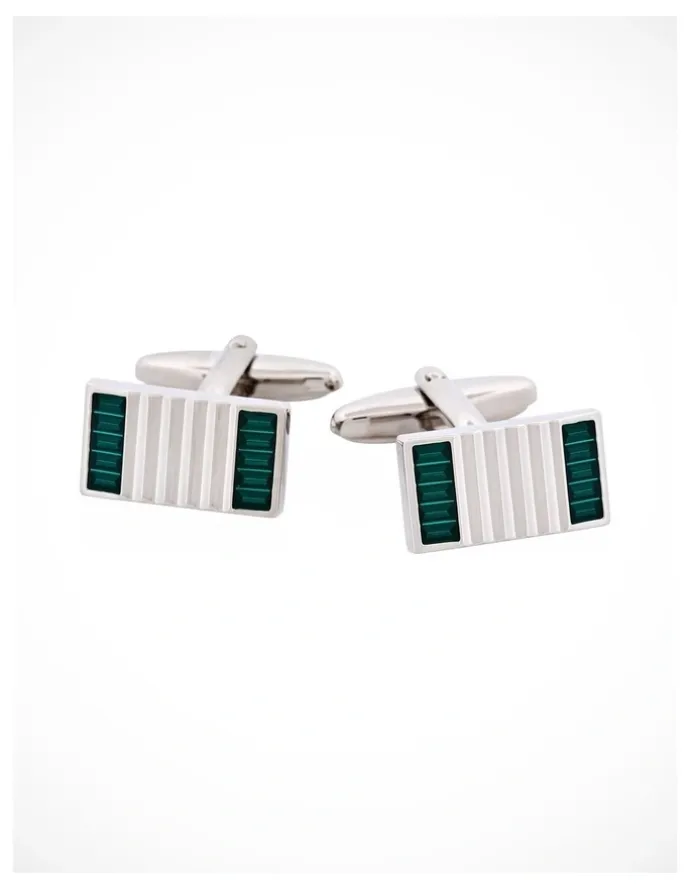 Cudworth Polished Rhodium Plated Ribbed Rectangle Cufflinks with Enamel Inlays in Teal