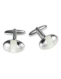 Cudworth Polished Rhodium Plated Oval Cufflinks with Mother of Pearl Inlay in White