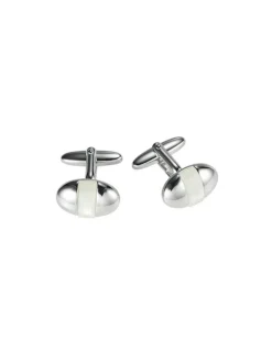 Cudworth Polished Rhodium Plated Oval Cufflinks with Mother of Pearl Inlay in White
