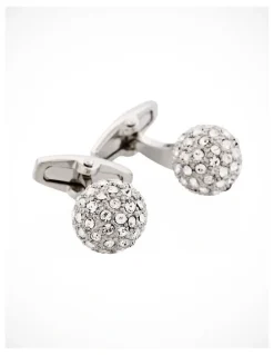 Cudworth Polished Rhodium Plated Crystal Ball Cufflinks in Silver