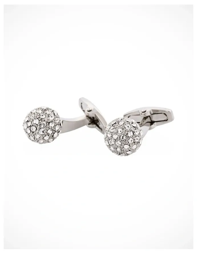 Cudworth Polished Rhodium Plated Crystal Ball Cufflinks in Silver
