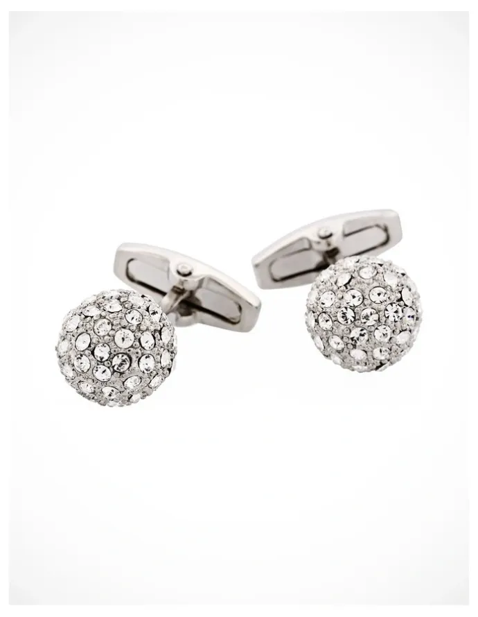 Cudworth Polished Rhodium Plated Crystal Ball Cufflinks in Silver