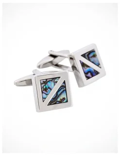 Cudworth Polished Rhodium Plated Square Abalone Inlay Cufflinks in Blue
