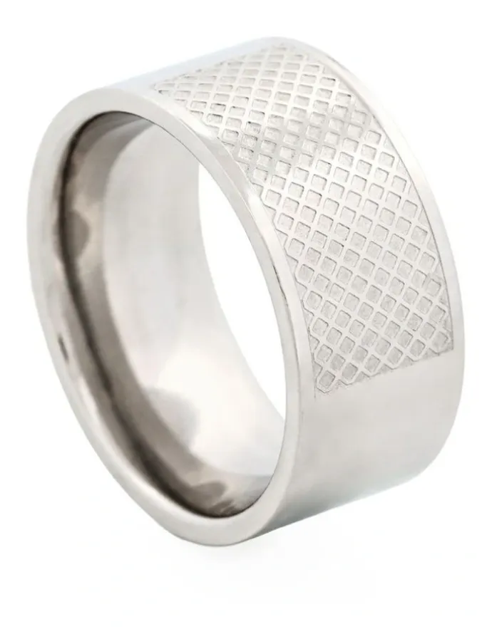 Cudworth Polished Stainless Steel Ring with Lattice Pattern in Silver