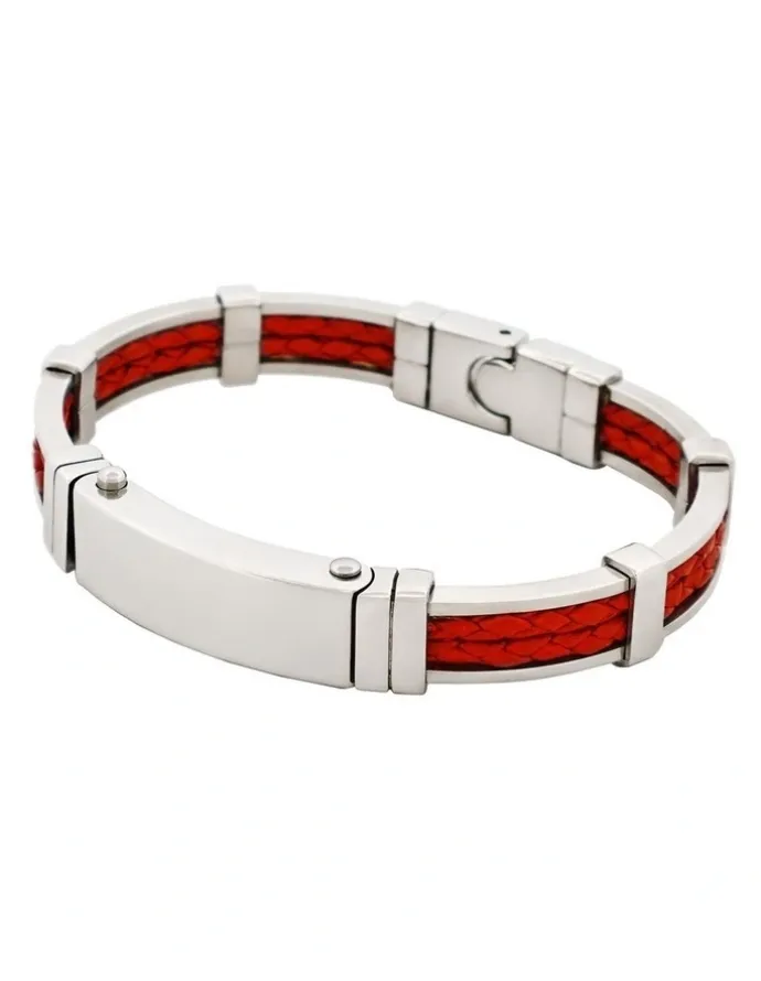 Cudworth Polished Stainless Steel Bracelet with Double Strand Braided Red Leather
