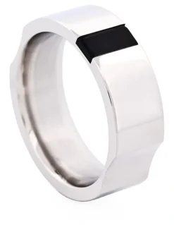 Cudworth Polished Stainless Steel & Onyx Ring in Silver