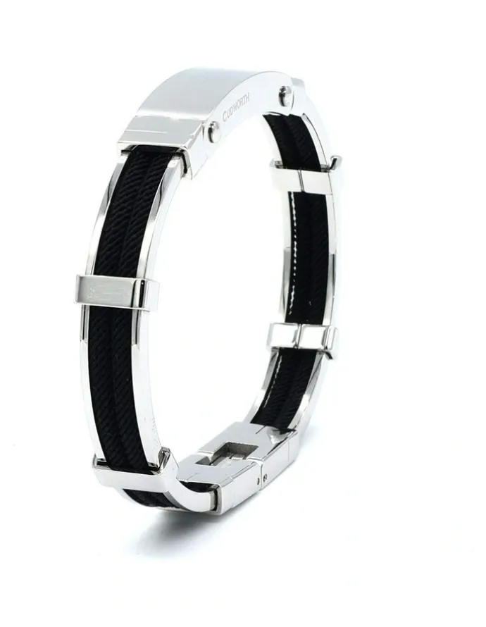 Cudworth Polished Stainless Steel And Double Rope Bracelet in Black