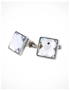 Cudworth Rhodium Plated & Large Square Cut Crystal Cufflinks in Grey