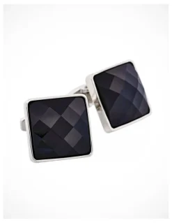 Cudworth Rhodium Plated & Large Square Jet Cut Crystal Cufflinks in Black