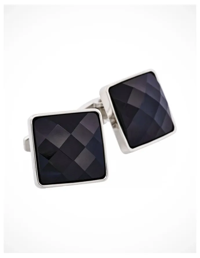 Cudworth Rhodium Plated & Large Square Jet Cut Crystal Cufflinks in Black