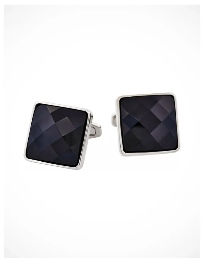 Cudworth Rhodium Plated & Large Square Jet Cut Crystal Cufflinks in Black