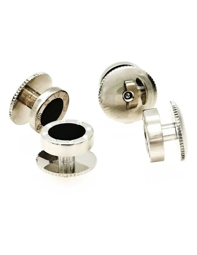 Cudworth Rhodium plated and round Onyx Screw Shirt Studs (set of 4)