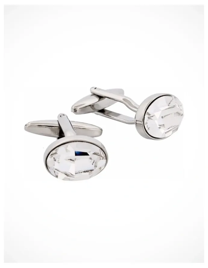 Cudworth Rhodium Plated Crystal Oval Cufflinks in Silver