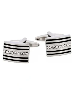 Cudworth Rhodium Plated Crystal & Black Enamel Cufflinks