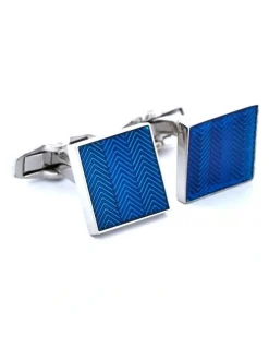 Cudworth Rhodium Plated Enamel Herringbone Pattern Square Cufflinks in Blue