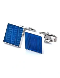 Cudworth Rhodium Plated Enamel Herringbone Pattern Square Cufflinks in Blue